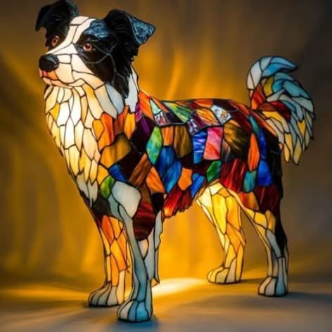 Veilleuse en forme de border collie debout, vue de trois quarts, au pelage en vitrail multicolore éclairé d'une lueur ambrée. 3