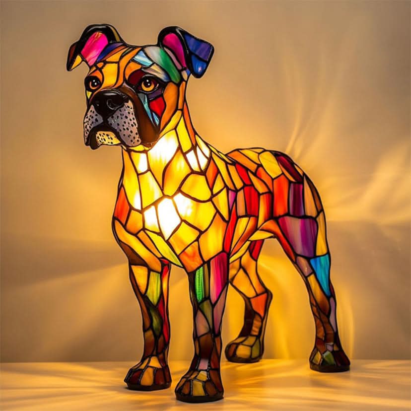Veilleuse en forme de boxer debout aux oreilles pendantes, en vitrail orange, rose et bleu, projetant une lumière chaude. 4