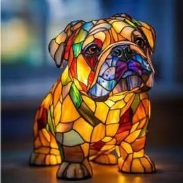 Veilleuse en forme de bouledogue anglais assis, vue de face, en vitrail jaune, orange et rouge, posée sur une surface sombre. 5