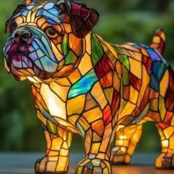 Veilleuse en forme de bouledogue debout, vue de trois quarts, aux tesselles vertes, bleues et orange, devant un fond de verdure flou. 6