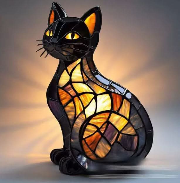 Veilleuse en forme de chat noir assis aux yeux jaunes, au ventre en vitrail ambre et violet, rayonnant d'une lueur chaude. 8