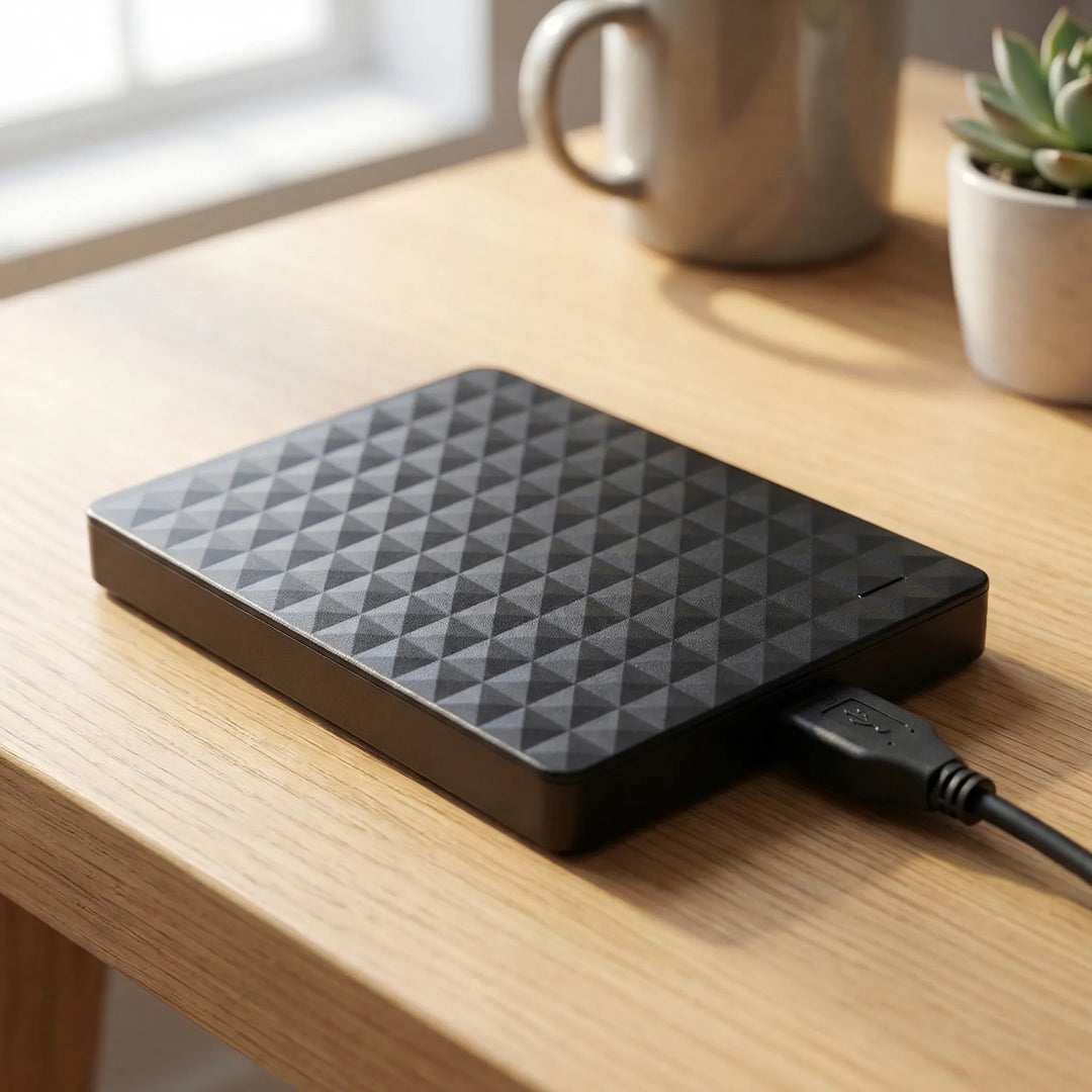 Boîtier noir à motif de pyramides branché par câble USB, posé sur un bureau en bois 1