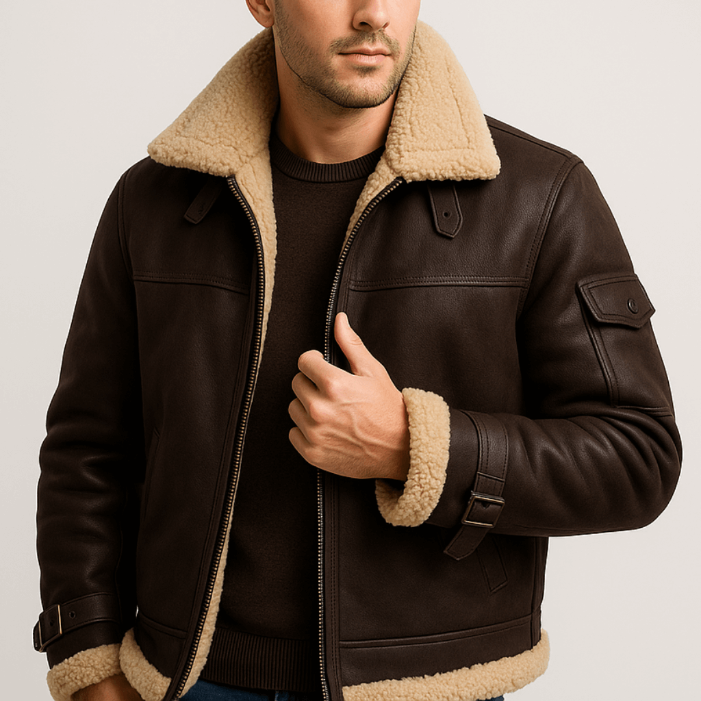 Veste marron foncé à col en peau lainée beige, portée ouverte sur un pull sombre, avec poche de manche boutonnée. 2