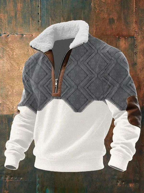Pull gris à losanges et blanc, col doublé effet mouton et zip marron, présenté sur fond métal rouillé 2