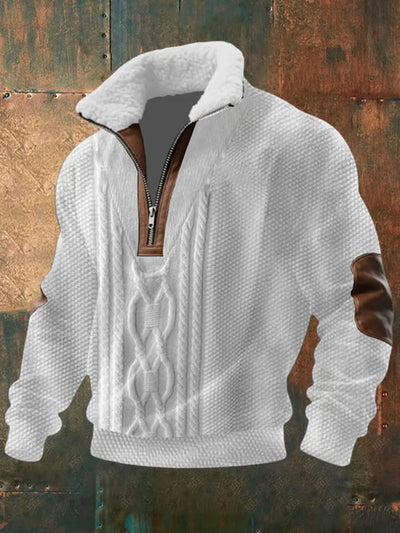 Version blanche à motif torsadé central, col doublé effet mouton, zip et coudières marron, fond métal rouillé 4
