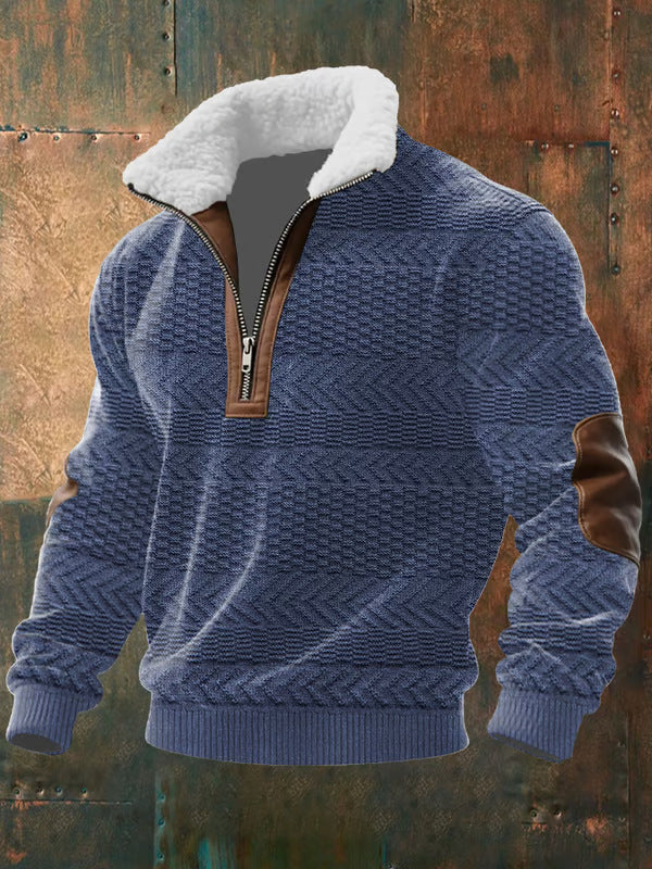 Version bleue en maille texturée à chevrons, col doublé effet mouton, zip et coudières marron, fond métal rouillé 5