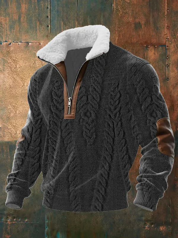 Version gris anthracite en maille torsadée, col doublé effet mouton, zip et coudières marron, fond métal rouillé 3