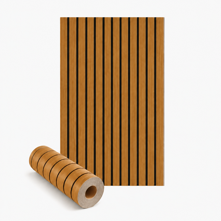 Panneau déroulé à lattes imitation bois miel et fines rainures noires, avec un rouleau au premier plan 1