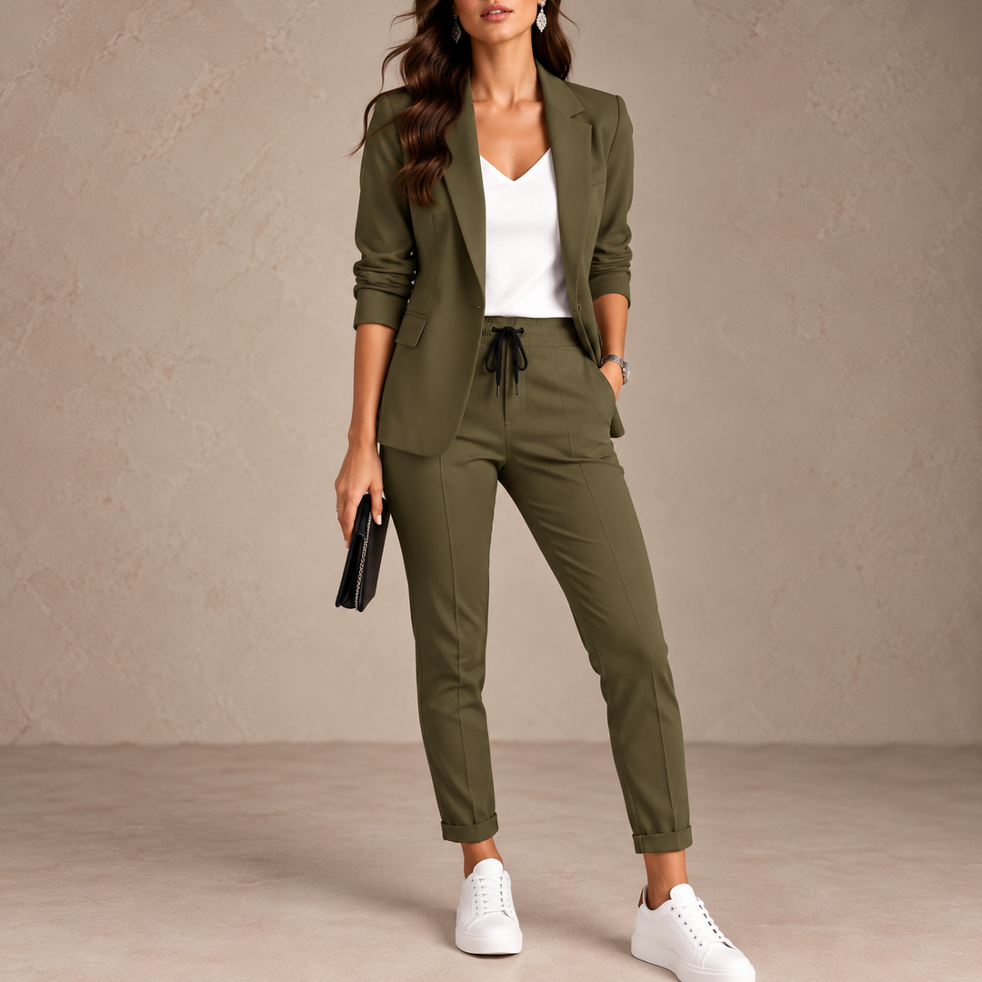 Ensemble vert olive porté avec top blanc, pantalon à revers et cordon noir 7