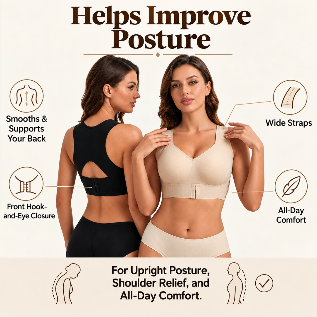 Deux mannequins montrent le soutien-gorge en noir, vu de dos avec ouverture dans le dos, et en beige, vu de face avec fermeture avant. 1