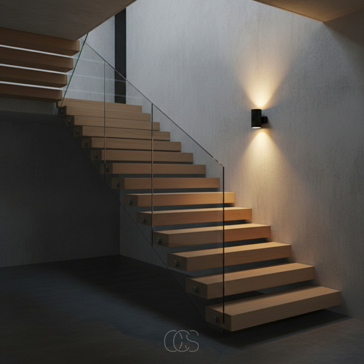 Veilleuse noire fixée au mur le long d'un escalier moderne aux marches en bois, éclairant le mur vers le haut et vers le bas. 4