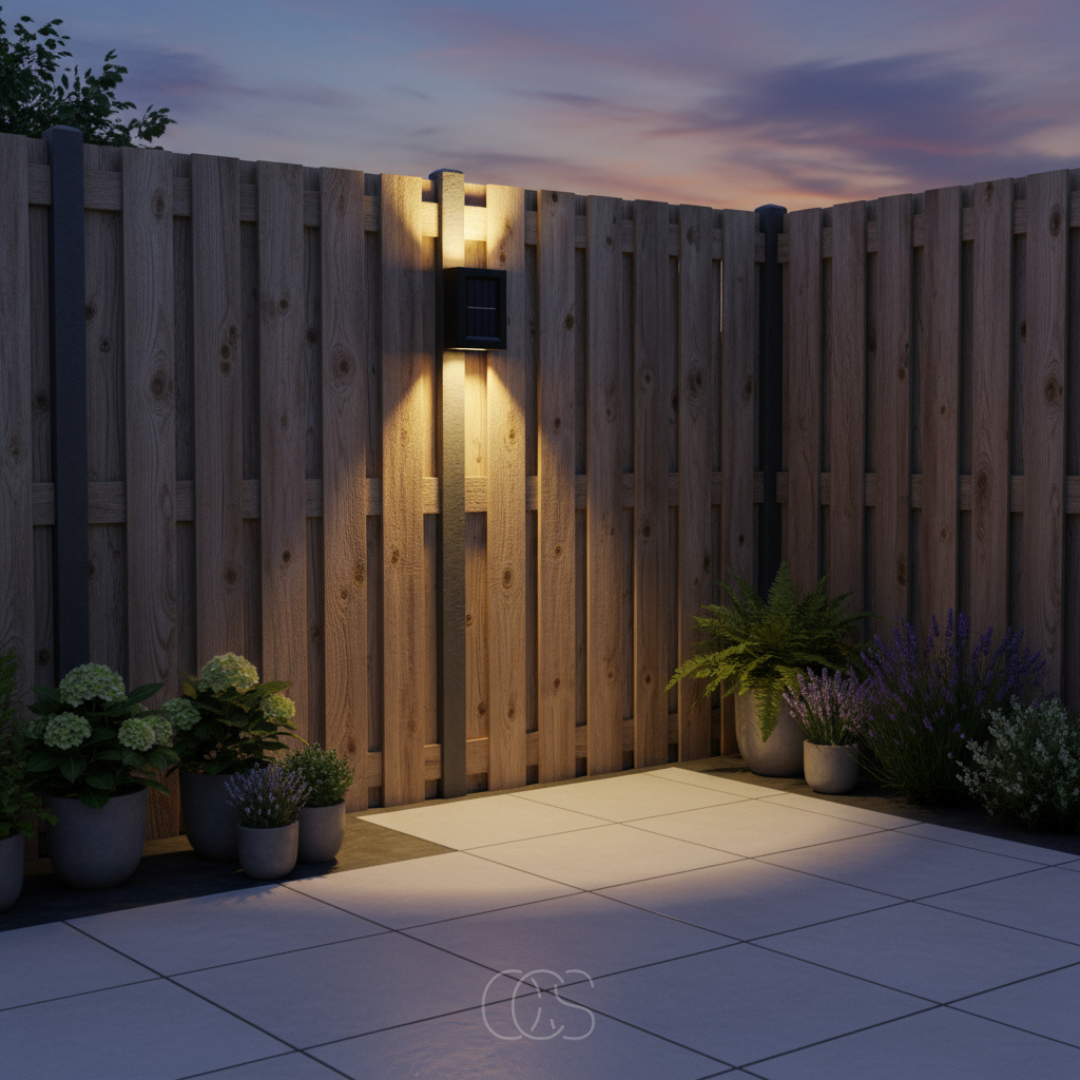 Applique solaire fixée sur un poteau d'une clôture en bois au crépuscule, diffusant sa lumière chaude sur les planches et la terrasse dallée. 3