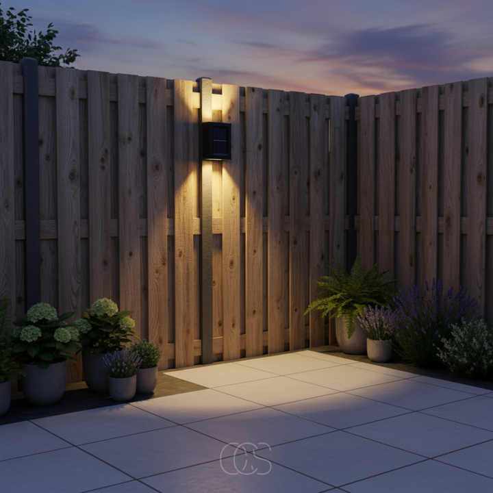Applique solaire fixée sur un poteau d'une clôture en bois au crépuscule, diffusant sa lumière chaude sur les planches et la terrasse dallée. 3