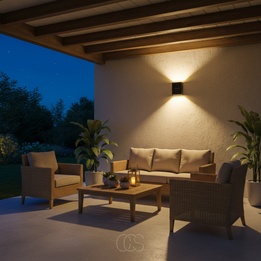 Applique solaire allumée sur le mur d'une terrasse couverte, au-dessus d'un salon de jardin en résine tressée, de nuit. 4