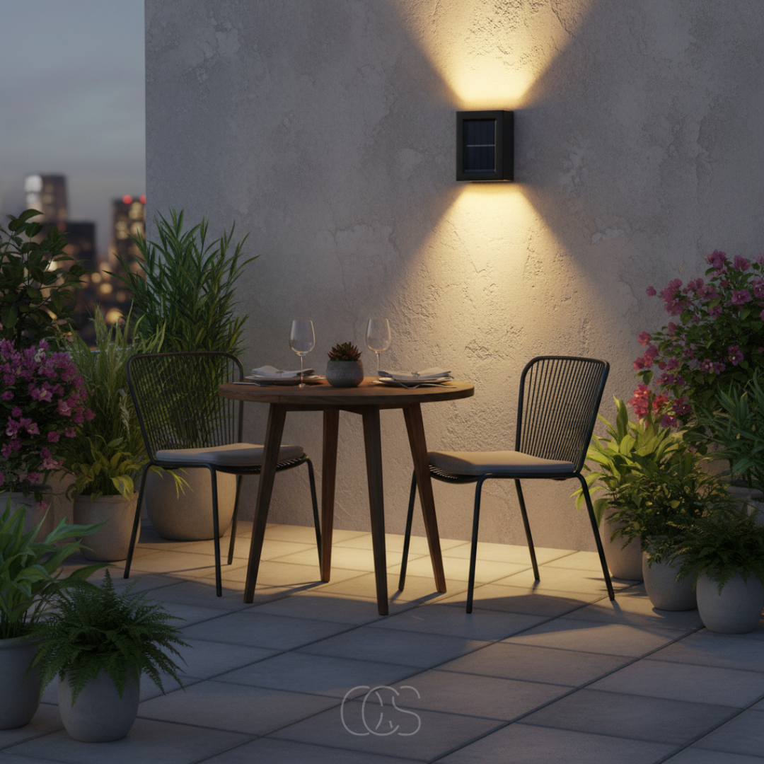 Applique solaire allumée sur le mur en crépi d'une terrasse, éclairant vers le haut et le bas une table de bistrot dressée pour deux. 1