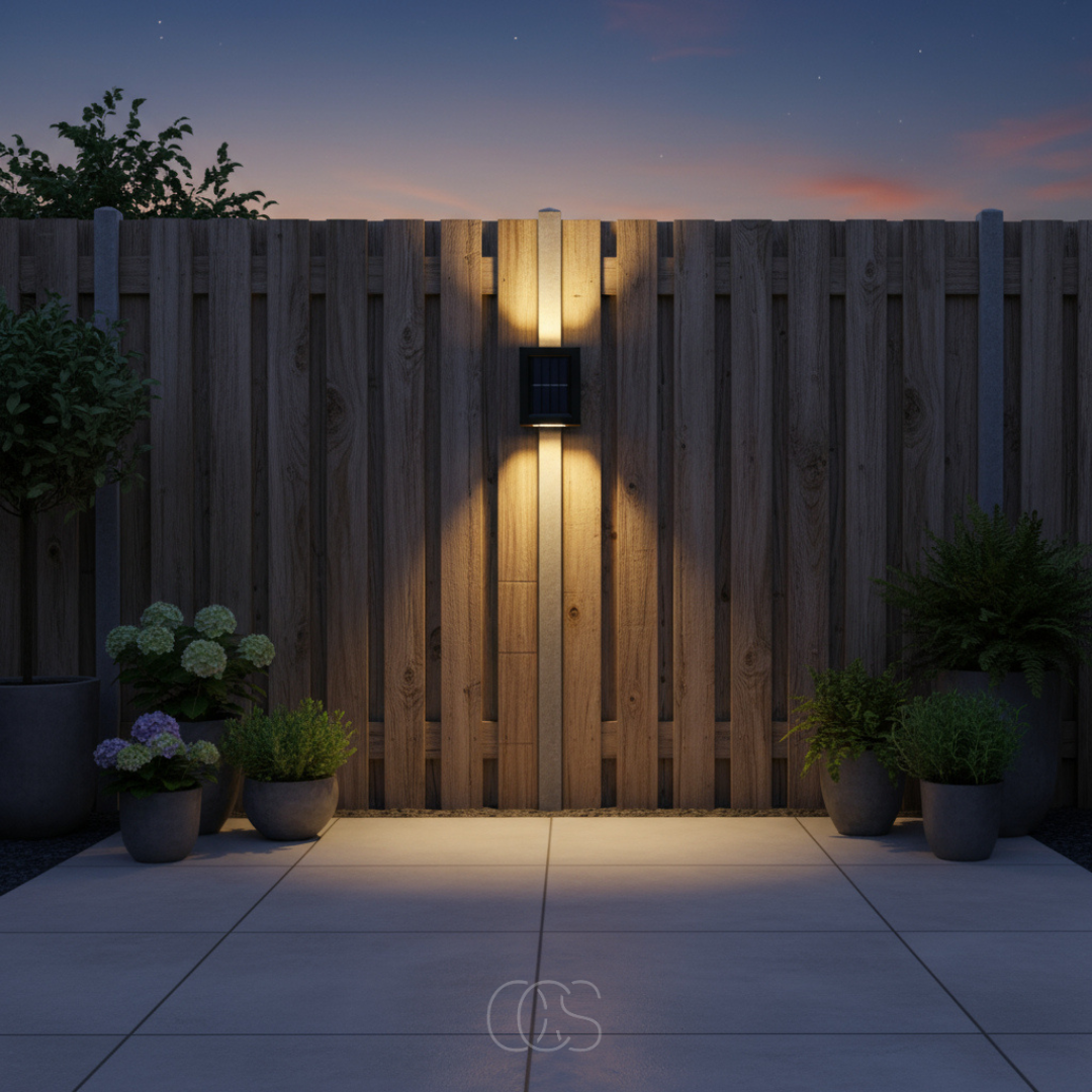 Applique solaire centrée sur une clôture en bois à la tombée de la nuit, éclairant les lattes et la terrasse entourée de jardinières. 6