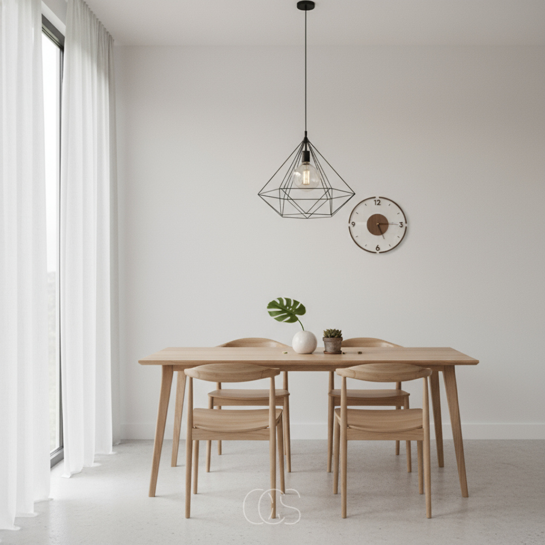 Horloge murale à côté d'une suspension filaire noire, au-dessus d'une table à manger en bois clair avec quatre chaises 5