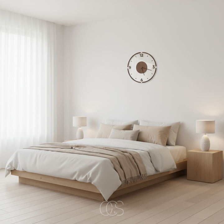 Horloge murale installée au-dessus d'un lit dans une chambre claire aux tons beiges et bois naturel 4