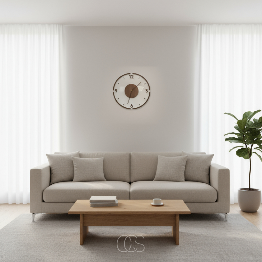 Horloge murale centrée au-dessus d'un canapé beige, avec table basse en bois et grande plante en pot 6