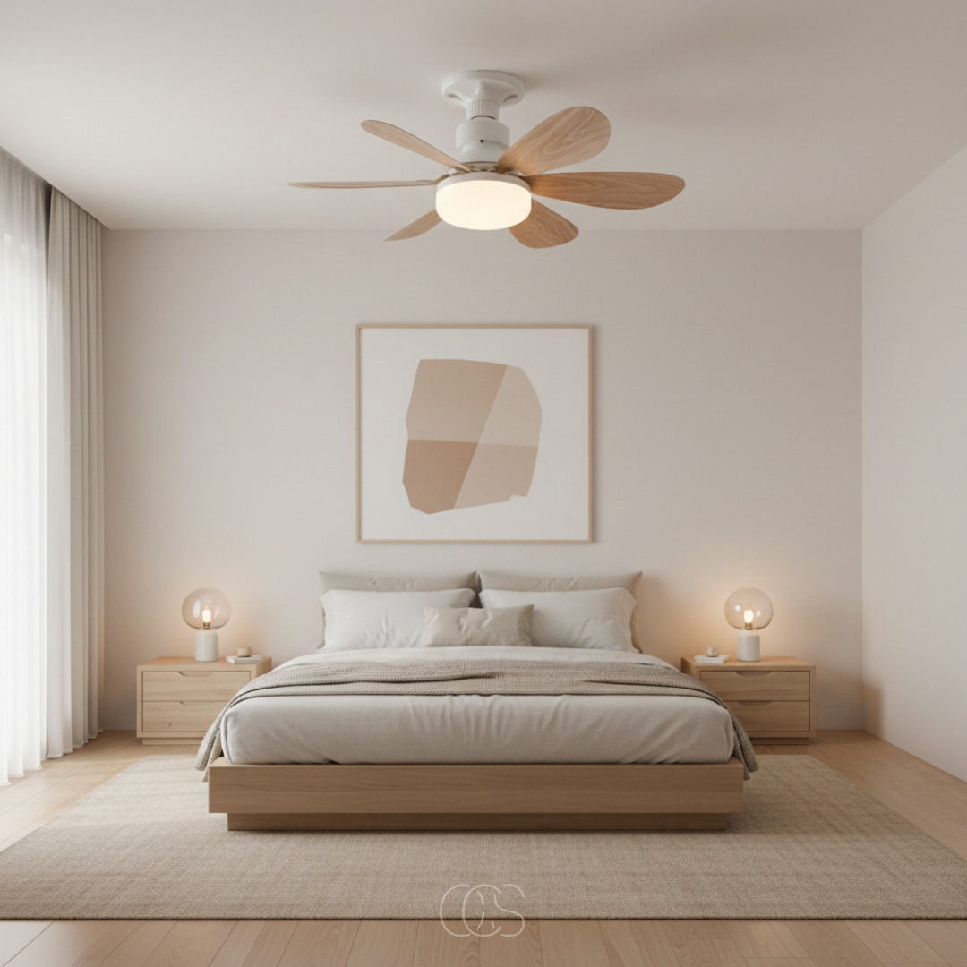 Ventilateur installé au plafond d'une chambre claire, au-dessus d'un lit en bois et de tables de chevet 3