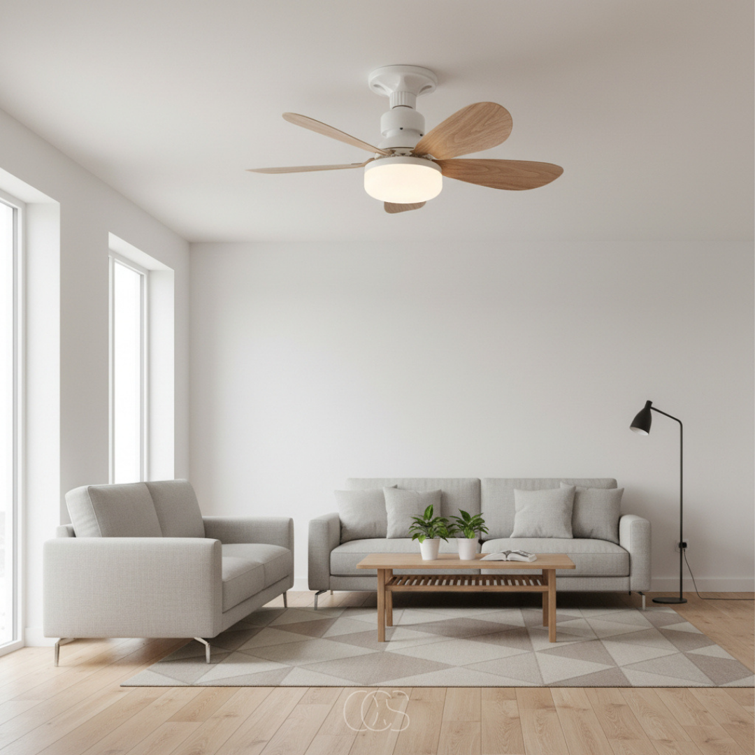 Ventilateur fixé au plafond d'un salon lumineux avec canapés gris, table basse en bois et tapis géométrique 4