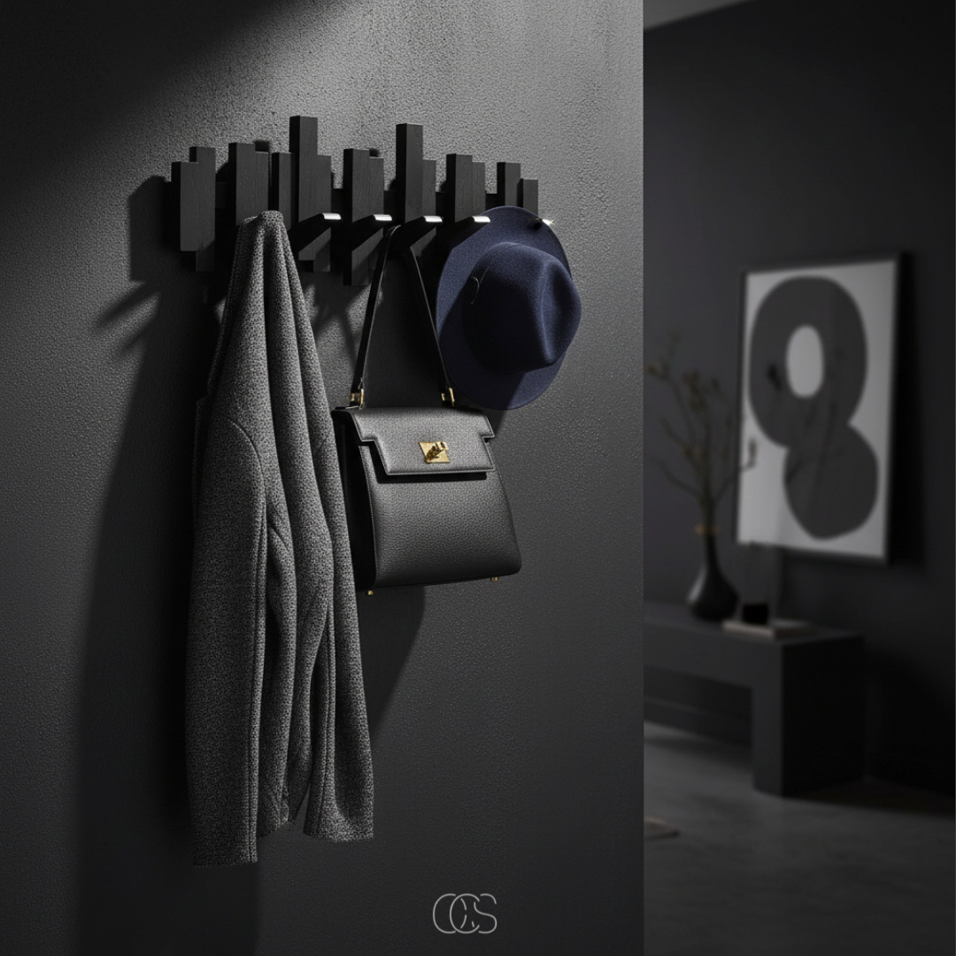 Porte-manteau mural noir aux lamelles décalées dans une entrée sombre, avec veste grise, sac à main noir et chapeau bleu marine suspendus. 2