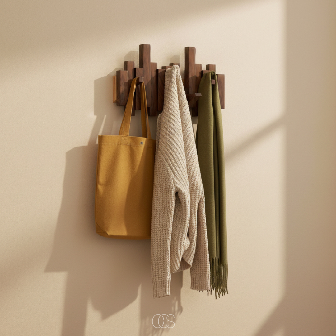 Porte-manteau mural en bois foncé de type noyer, portant un sac jaune, un pull beige et une écharpe verte sur un mur clair. 3