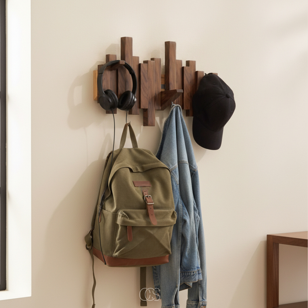 Porte-manteau mural en bois foncé avec casque audio, sac à dos kaki, veste en jean et casquette noire accrochés dans une entrée. 4