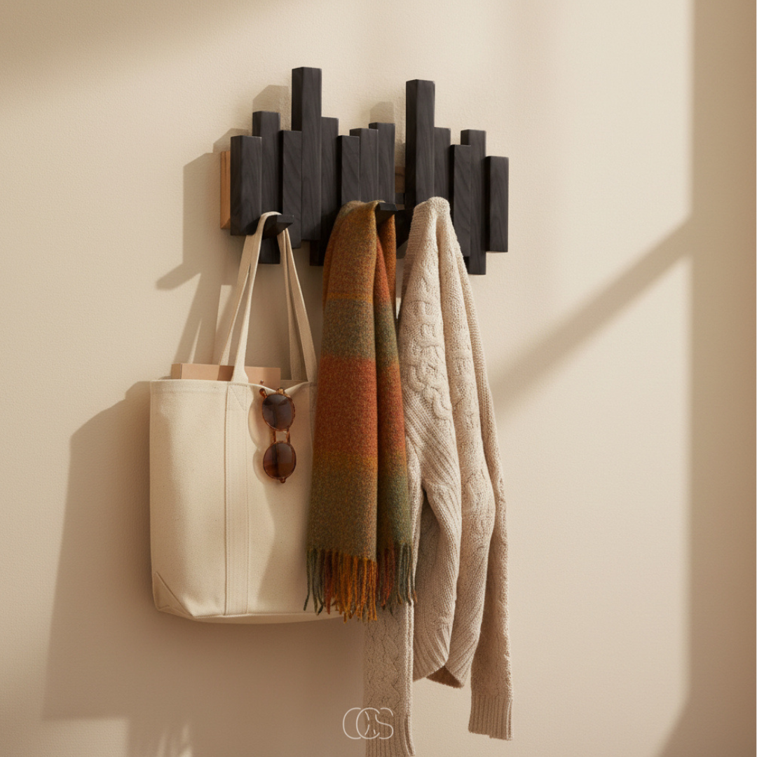 Porte-manteau mural noir aux lamelles décalées, avec un sac en toile écru, des lunettes de soleil, une écharpe à carreaux et un pull beige. 5