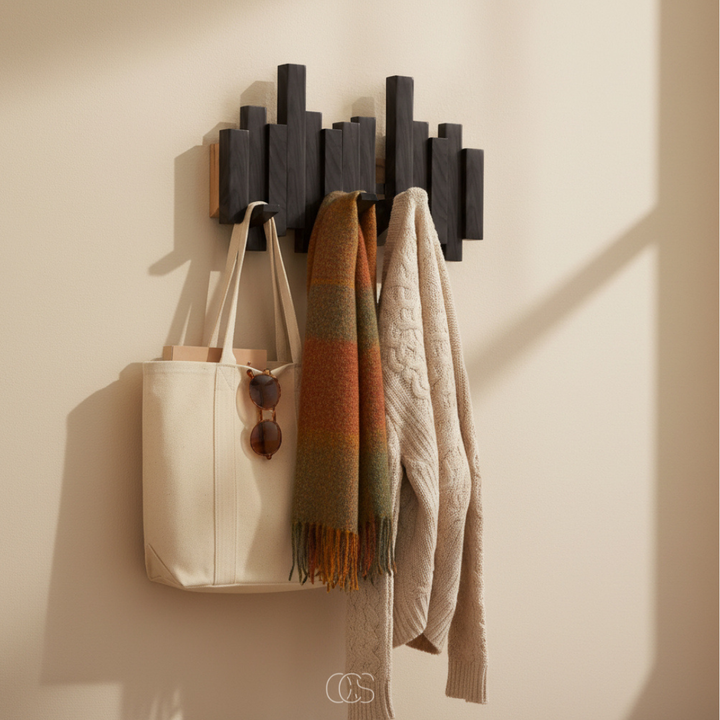 Porte-manteau mural noir aux lamelles décalées, avec un sac en toile écru, des lunettes de soleil, une écharpe à carreaux et un pull beige. 5