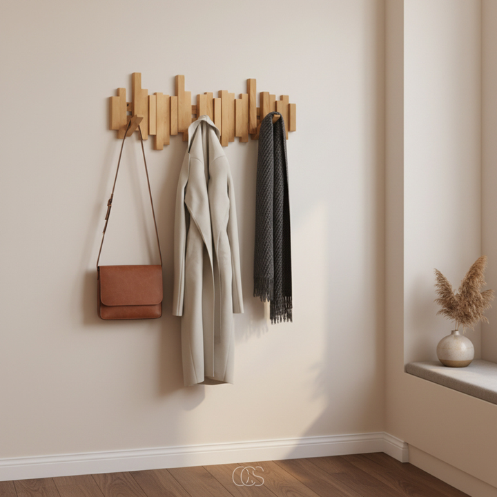 Porte-manteau mural en bois clair posé dans un coin d'entrée, avec sac en cuir marron, manteau gris clair et écharpe grise. 6