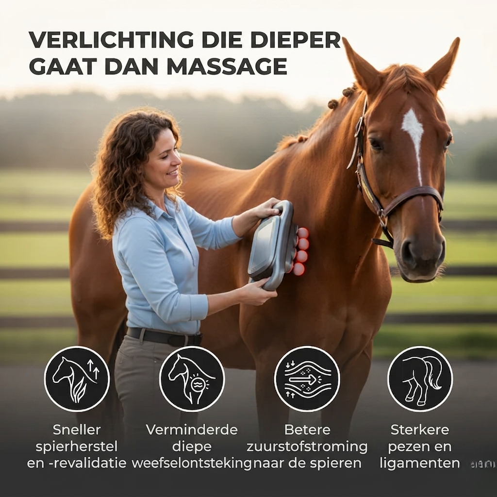Une cavalière souriante masse l'épaule d'un cheval alezan avec l'appareil, devant un pré, avec quatre pictogrammes de bienfaits en bas de l'image. 4