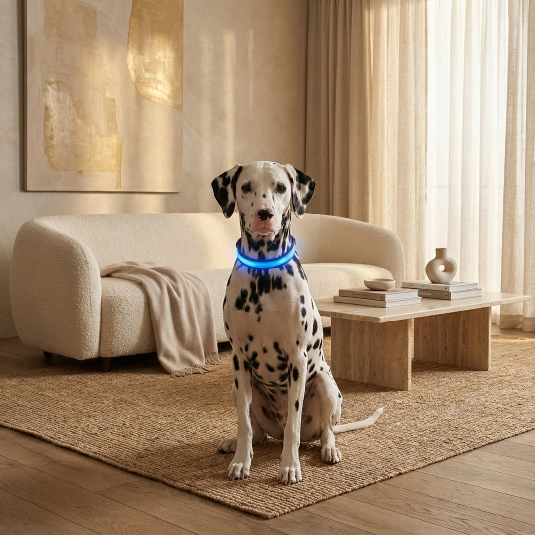 Dalmatien assis dans un salon beige, portant le collier lumineux bleu autour du cou. 2