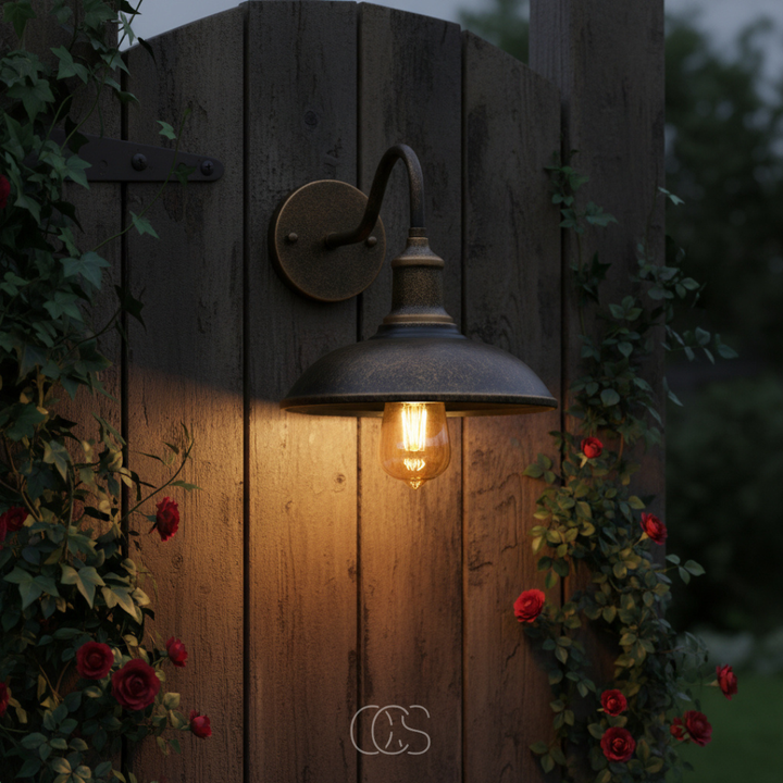 Applique à bras courbé et abat-jour bronze allumée sur un portillon en bois, entourée de rosiers rouges au crépuscule. 1