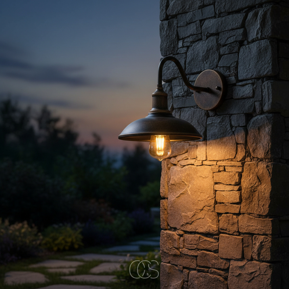 Applique bronze allumée fixée sur un mur en pierre brute, avec chemin dallé et jardin dans la lumière du soir. 2