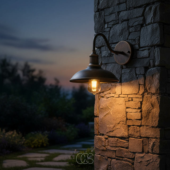 Applique bronze allumée fixée sur un mur en pierre brute, avec chemin dallé et jardin dans la lumière du soir. 2