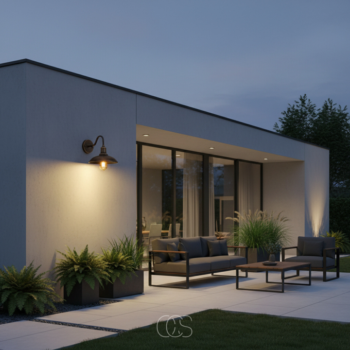 Applique bronze allumée sur la façade d'une maison moderne, au-dessus d'une terrasse avec salon de jardin gris. 4