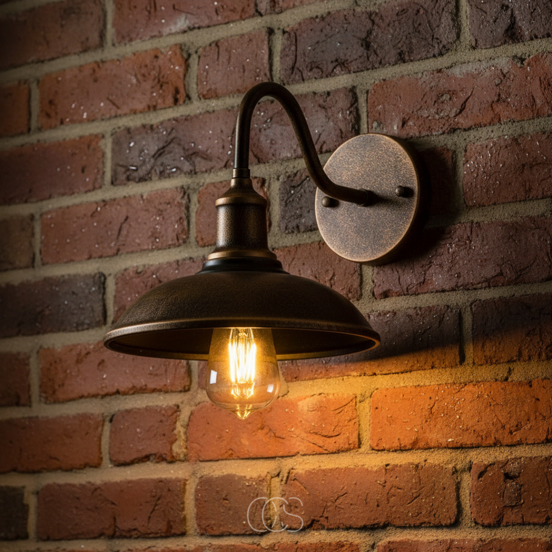 Gros plan sur l'applique bronze vieilli, sa platine ronde et son ampoule à filament, fixées sur un mur de briques rouges. 5