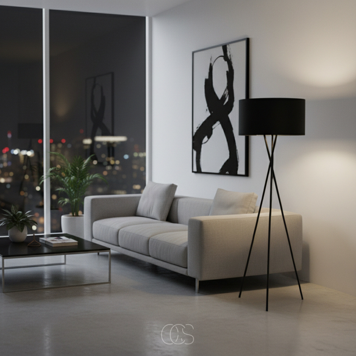 Lampadaire noir à trois pieds en ambiance nocturne, près d'un canapé gris et d'un tableau abstrait 3