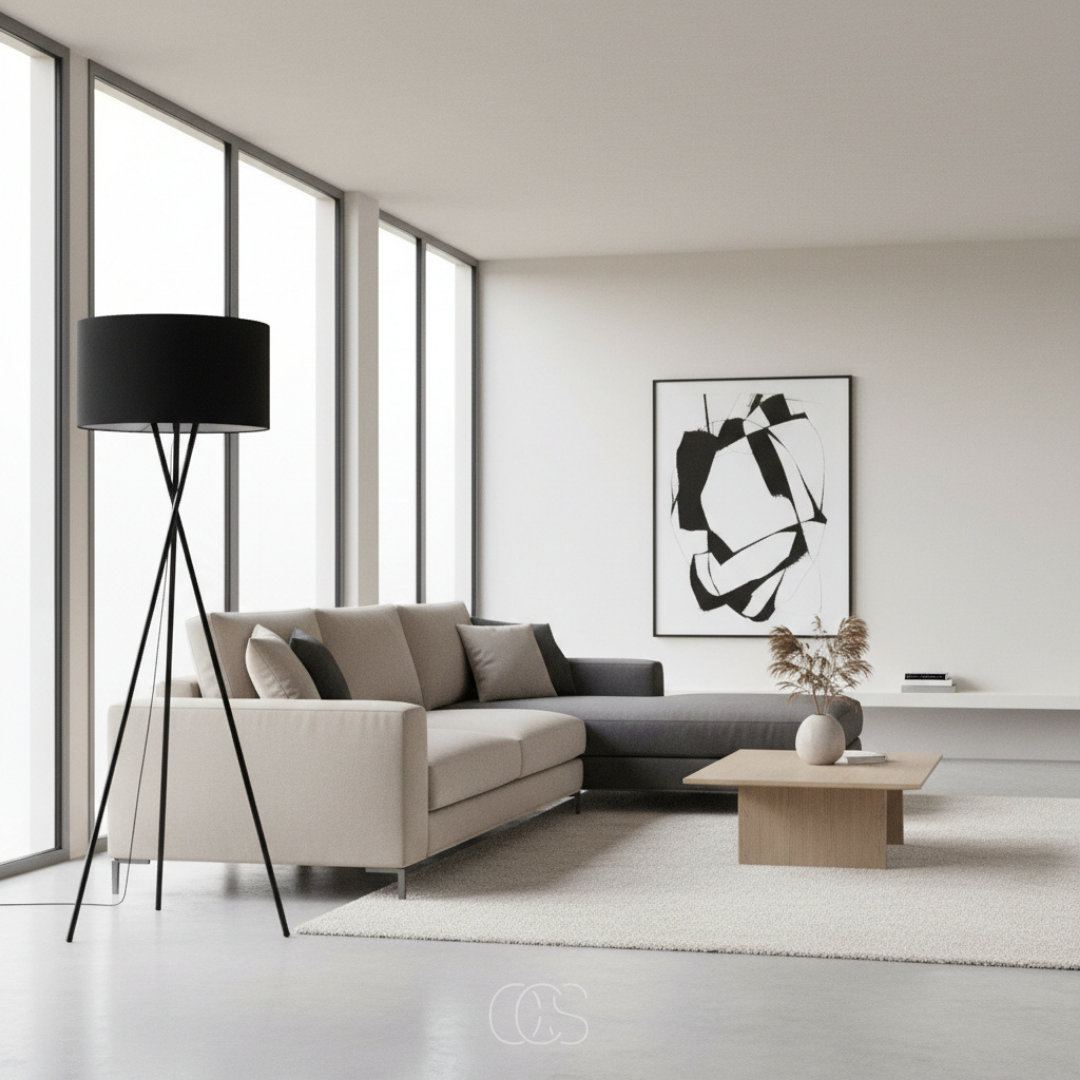 Version noire du lampadaire près d'un canapé d'angle beige dans un séjour lumineux aux grandes baies vitrées 1