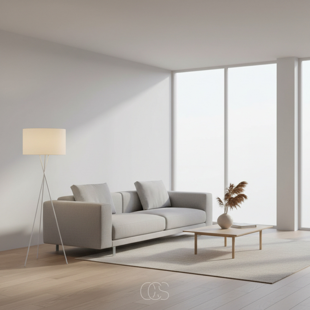 Version blanche du lampadaire dans un séjour clair avec canapé gris, tapis beige et parquet 6