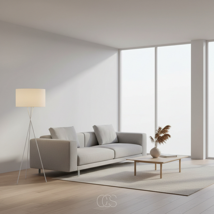 Version blanche du lampadaire dans un séjour clair avec canapé gris, tapis beige et parquet 6