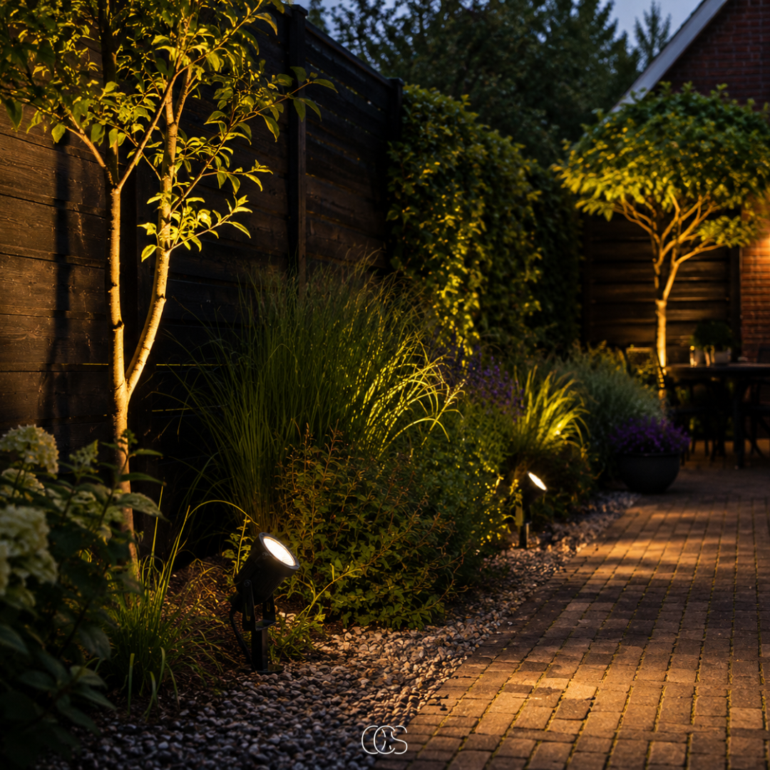Deux projecteurs allumés le long d'une allée pavée de jardin, éclairant graminées, arbres et clôture en bois à la tombée de la nuit. 4