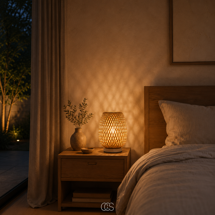 Lampe en bambou tressé allumée sur une table de chevet en bois, près du lit, avec un vase et un rideau en lin. 3