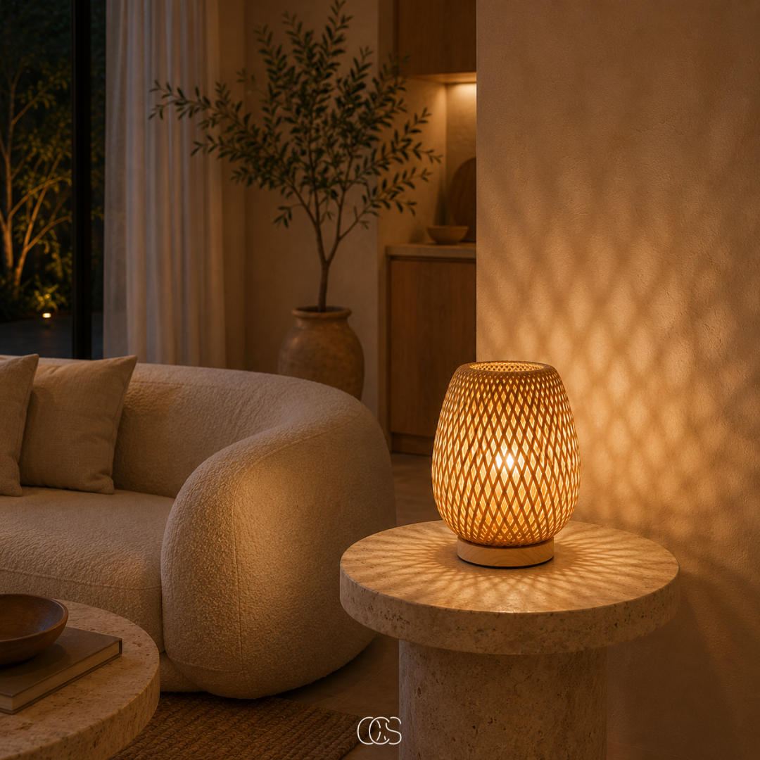 Lampe en bambou tressé allumée sur un guéridon en pierre dans un salon, près d'un canapé bouclé et d'un olivier. 4