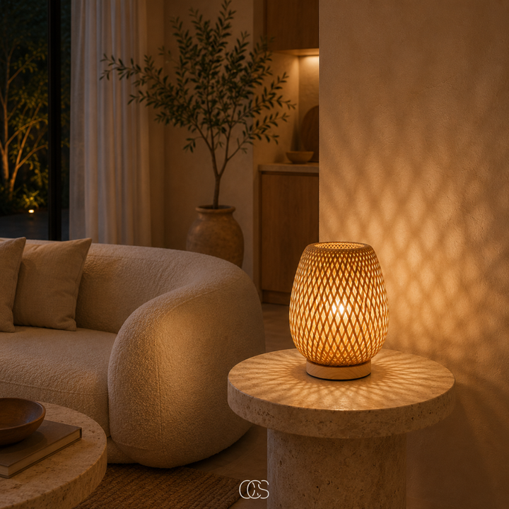 Lampe en bambou tressé allumée sur un guéridon en pierre dans un salon, près d'un canapé bouclé et d'un olivier. 4