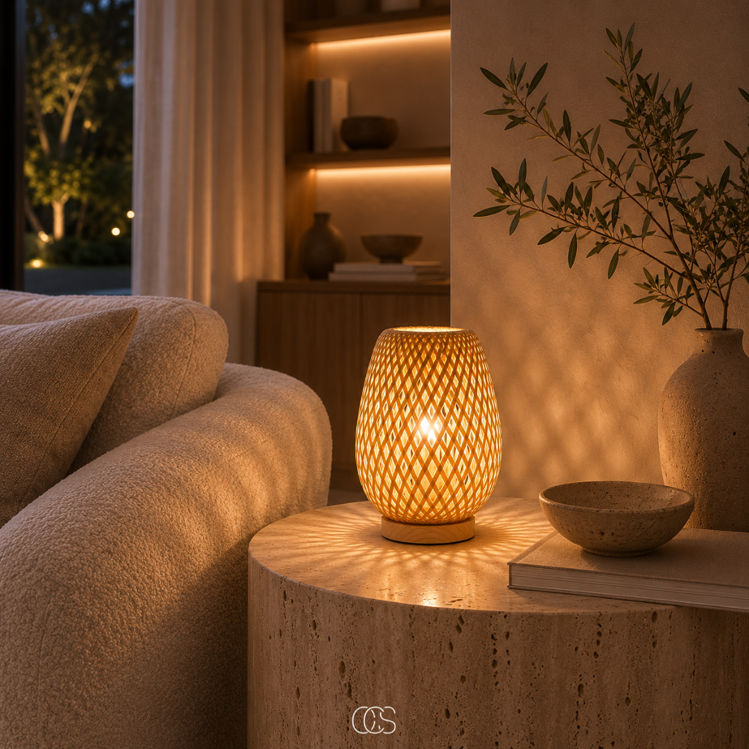 Gros plan de la lampe en bambou tressé allumée sur un bout de canapé en travertin, avec un vase et une coupe. 5