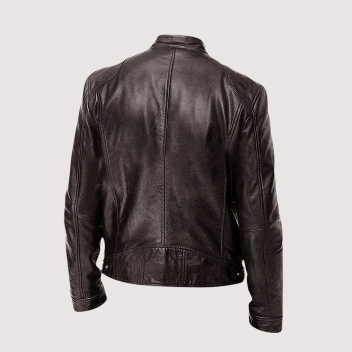 Veste marron foncé vue de dos, avec coutures verticales et détail de ceinture à boutons-pression 7