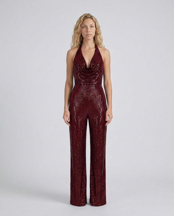 Combinaison à paillettes bordeaux portée de face, bras le long du corps, décolleté drapé 25
