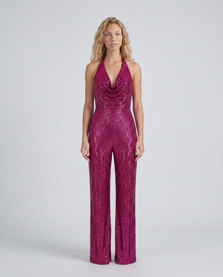 Vue de face de la combinaison fuchsia à paillettes, col licou drapé et pantalon large 17